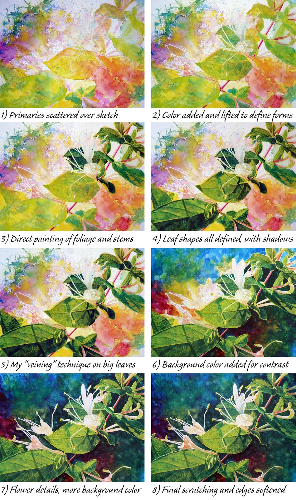 Sample of Aquabord painting process by Judy Lavoie on "Honeysuckle"