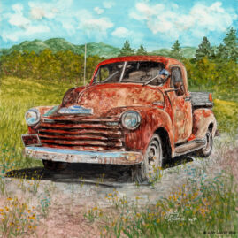 "Chevy Short Bed" original watercolor whiskey painting © Judy Lavoie 2026