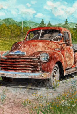 "Chevy Short Bed" original watercolor whiskey painting © Judy Lavoie 2026