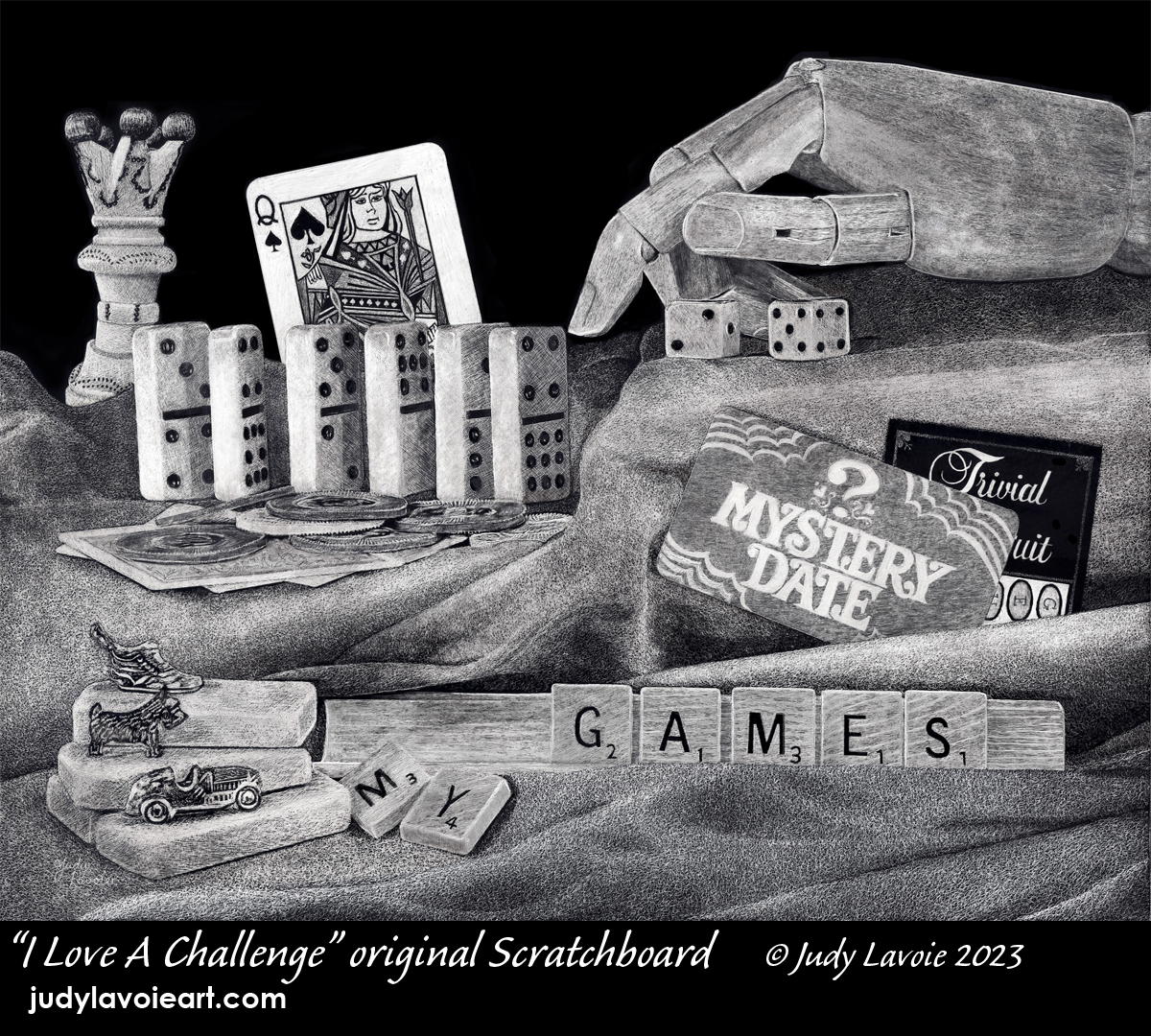 "I Love A Challenge" original scratchboard © Judy Lavoie 2023