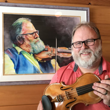 Michael Dodge with The Bearded Fiddler watercolor © Judy Lavoie