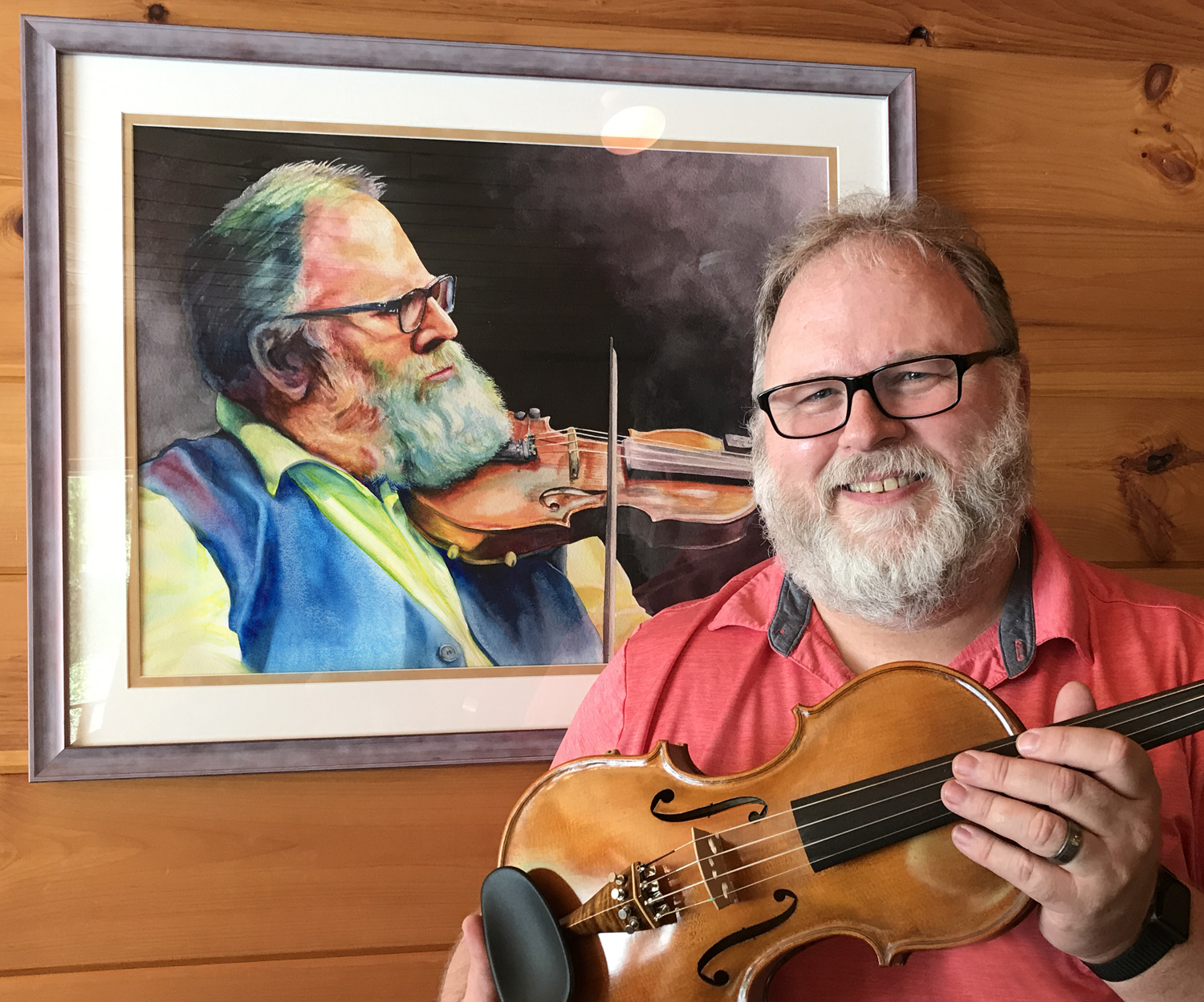 Michael Dodge with The Bearded Fiddler watercolor © Judy Lavoie