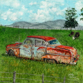 "Packard Clipper" original whiskey watercolor © Judy Lavoie 2026