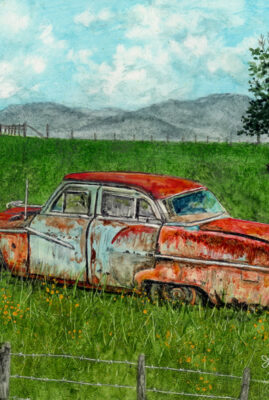 "Packard Clipper" original whiskey watercolor © Judy Lavoie 2026