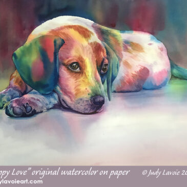 "Puppy Love" original watercolor on paper © Judy Lavoie 2024