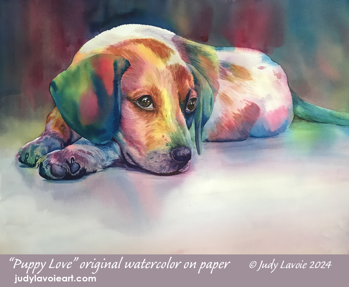 "Puppy Love" original watercolor on paper © Judy Lavoie 2024