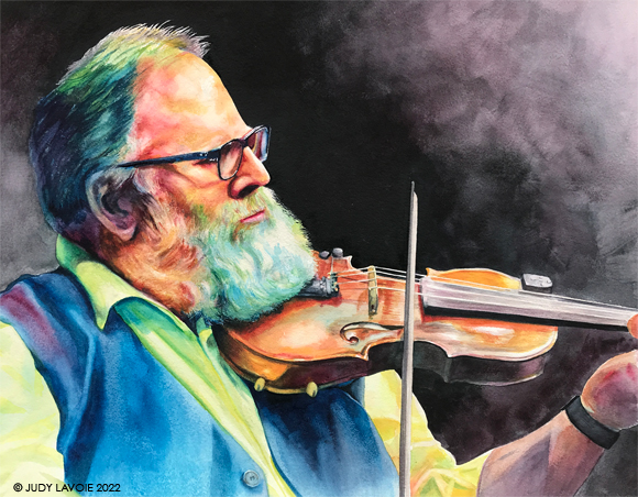 "The Bearded Fiddler" original watercolor on paper © Judy Lavoie 2022