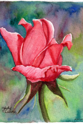"Gypsy Whiskey Rose" an original watercolor painted with Chivas Scotch, © Judy Lavoie 2026