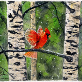 "Birch Perch" original watercolor whiskey painting © Judy Lavoie 2025