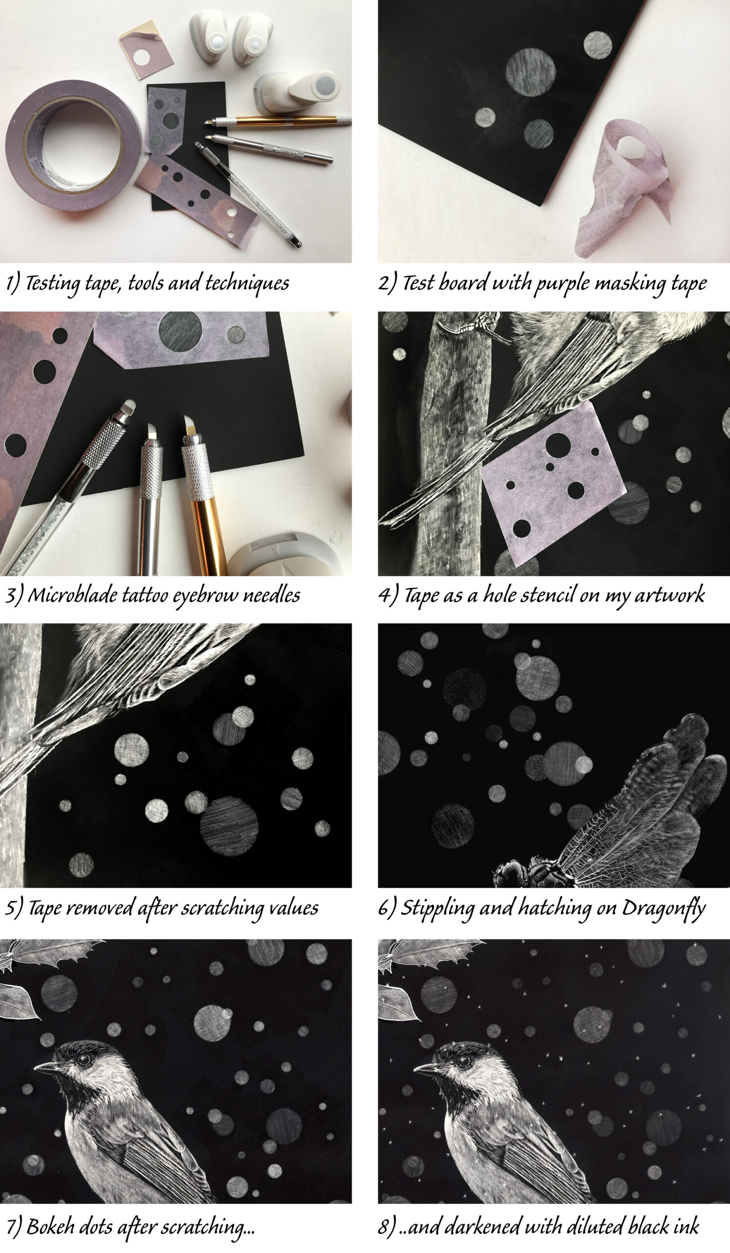 Process of creating the bokeh effect on a scratchboard