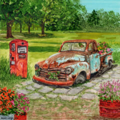"Chevy Flower Bed" original whiskey watercolor © Judy Lavoie 2026
