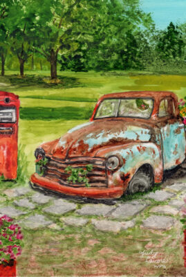 "Chevy Flower Bed" original whiskey watercolor © Judy Lavoie 2026