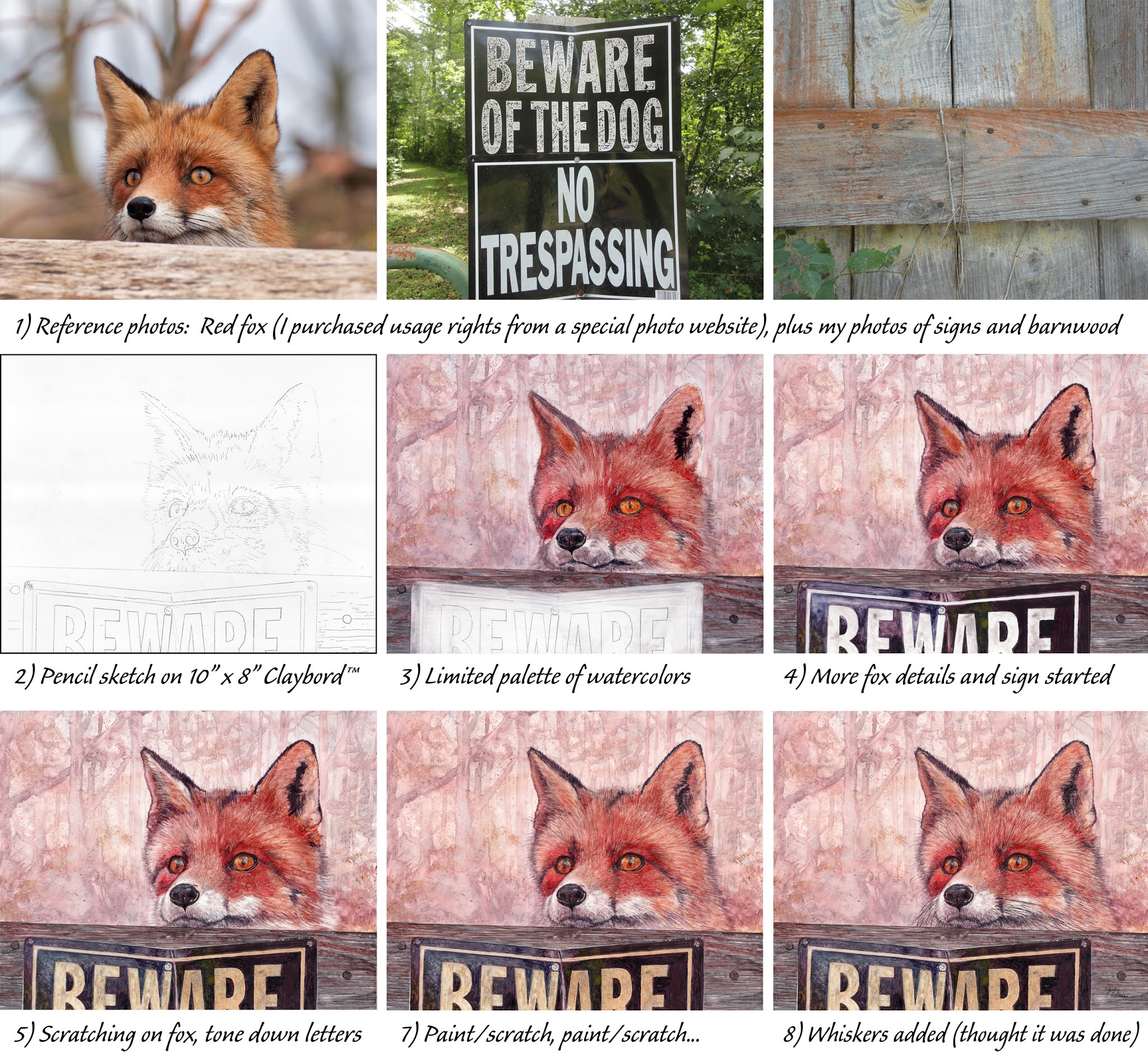 Sample of steps to create "Beware" painting on Claybord by Judy Lavoie