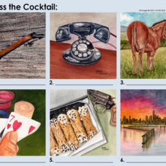 A series of whiskey-color paintings © Judy Lavoie, each depicting the name of a cocktail