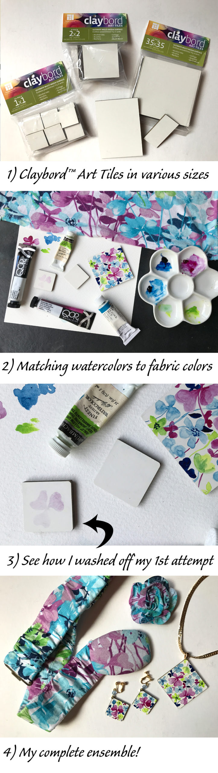 collage of steps for using watercolor on Claybord Art Tiles