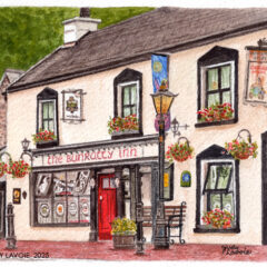 "County Cork Pub" watercolor with whiskey © Judy Lavoie 2025