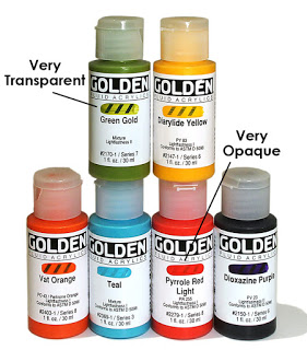 Golden Fluid Acrylic bottles showing opacity