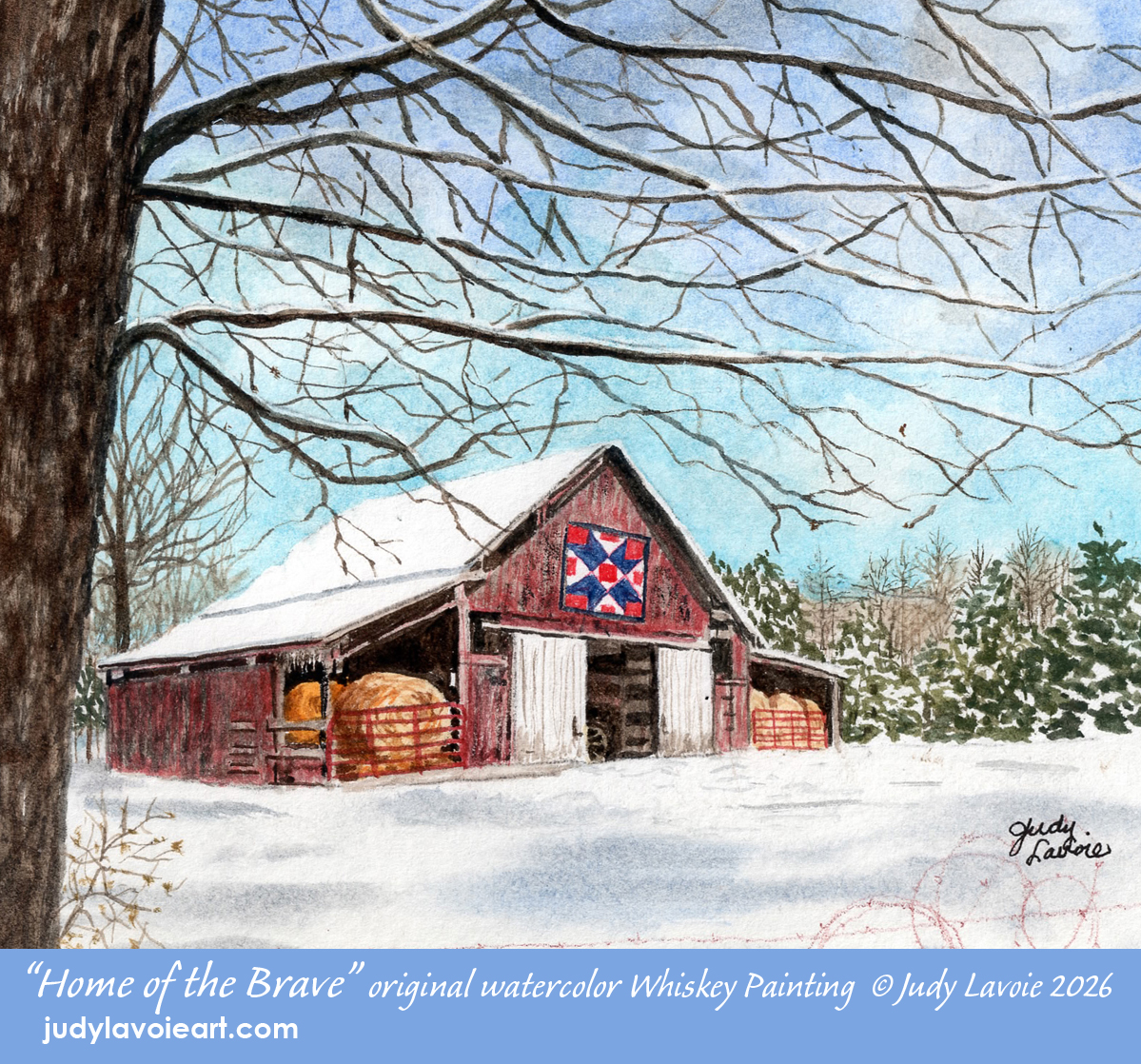 "Home of the Brave" original watercolor painted with whiskey © Judy Lavoie 2026