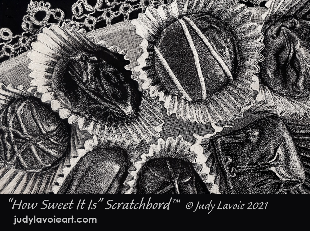 "How Sweet It Is" scratchboard © Judy Lavoie 2021