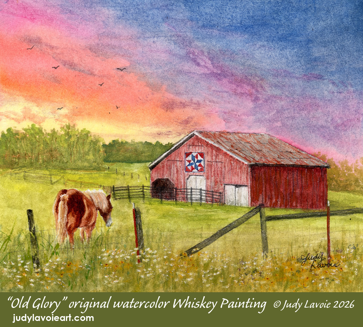 "Home of the Brave" original watercolor painted with whiskey © Judy Lavoie 2026