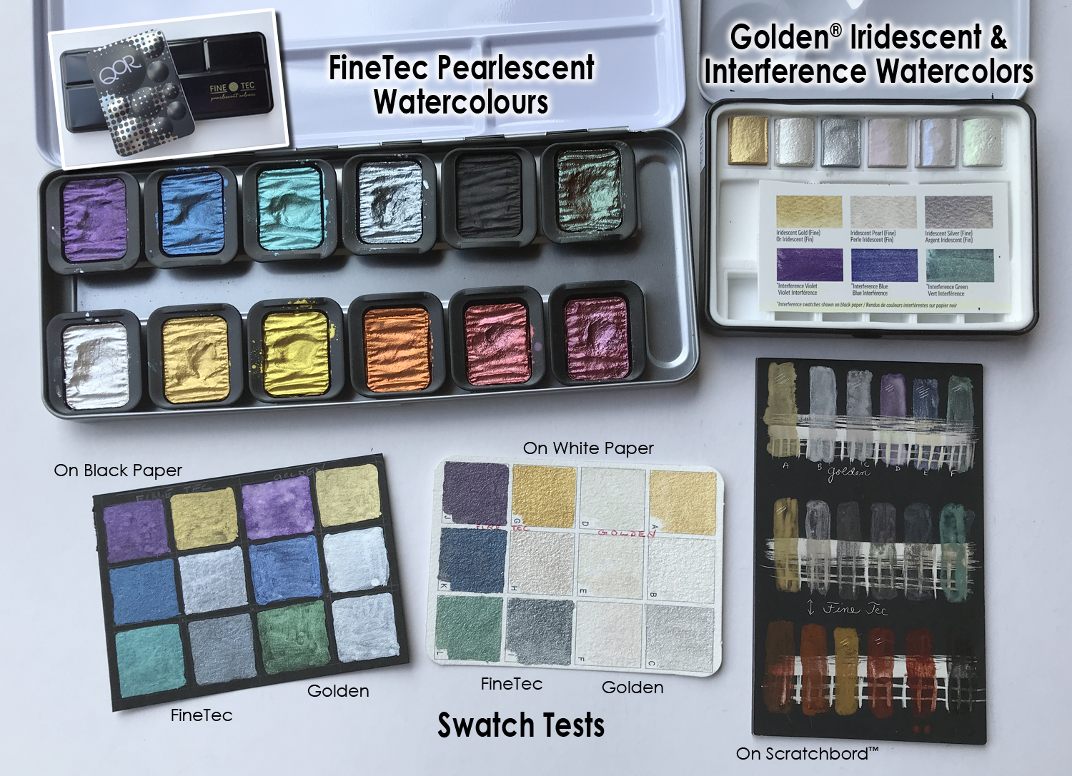 FineTec and Golden watercolor paints with swatch cards