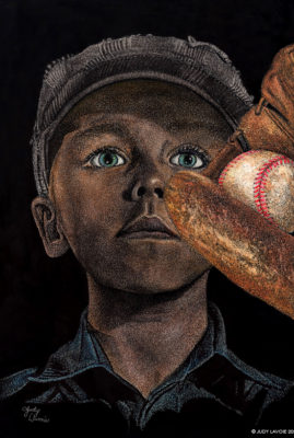 "Play Ball" scratchboard with watercolor © Judy Lavoie 2021