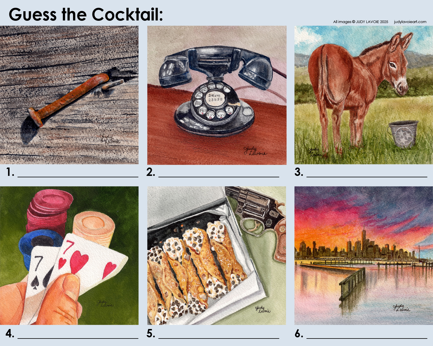 Cocktail paintings in watercolors © Judy Lavoie 2025, set up as a guessing game