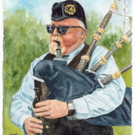 "Scotland the Brave" an original watercolor painted with Scotch whiskey © Judy Lavoie 2025