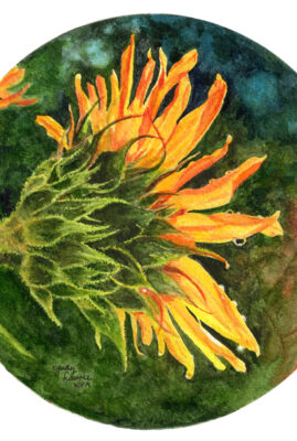 "Sunflower" original watercolor whiskey painting © Judy Lavoie 2026