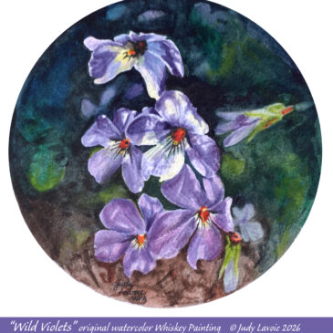 "Wild Violets" original watercolor whiskey painting © Judy Lavoie 2026